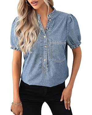 Womens Denim Shirt Casual Button Down V Neck Blouses Puff Short Sleeve Summer Jean Tops | Amazon (US)