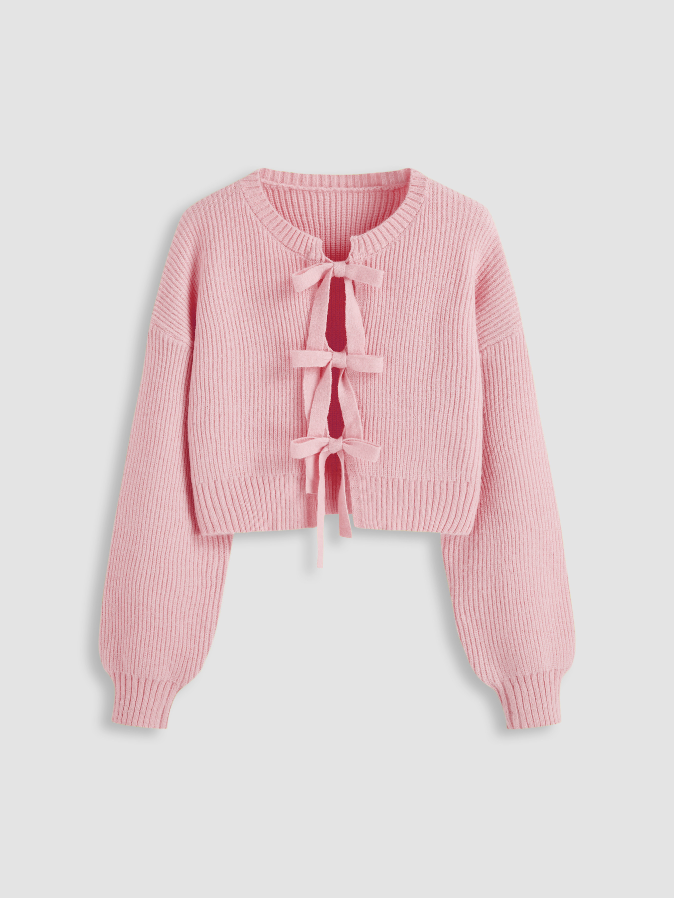 Preppy Knit Fabric Knit Round Neck Solid Tie Front Bowknot Cardigan For School Daily Casual Date ... | Cider