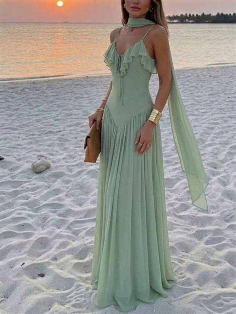 Aloruh Women's Elegant Ruffle Collar Fitted Waist Mint Green Beach Vacation Maxi Dress,Summer Dre... | SHEIN