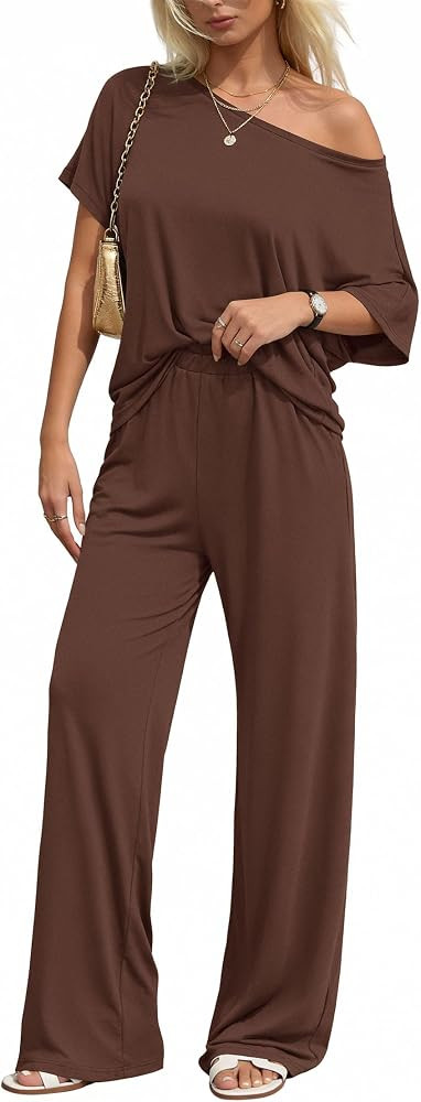 KIRUNDO Lounge Sets for Women Airport Travel Outfit 2026 Summer Off the Shoulder Tops Wide Leg Pa... | Amazon (US)