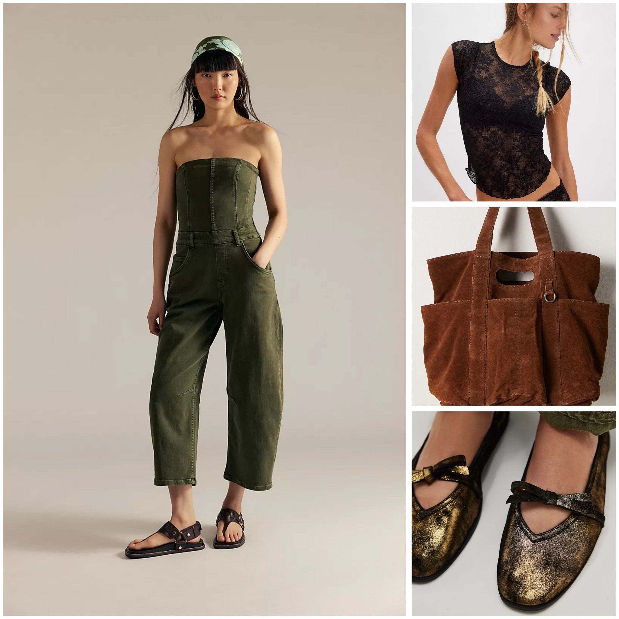 Travel Outfit idea. Cute and put together outfit for spring. You could layer the green Jumpsuit with the lace tee or put it under it. Pair with some flats, sandals or sneakers! Added a brown suede tote bag. Shoes are on sale right now! 

#LTKStyleTip #LTKShoeCrush #LTKSaleAlert