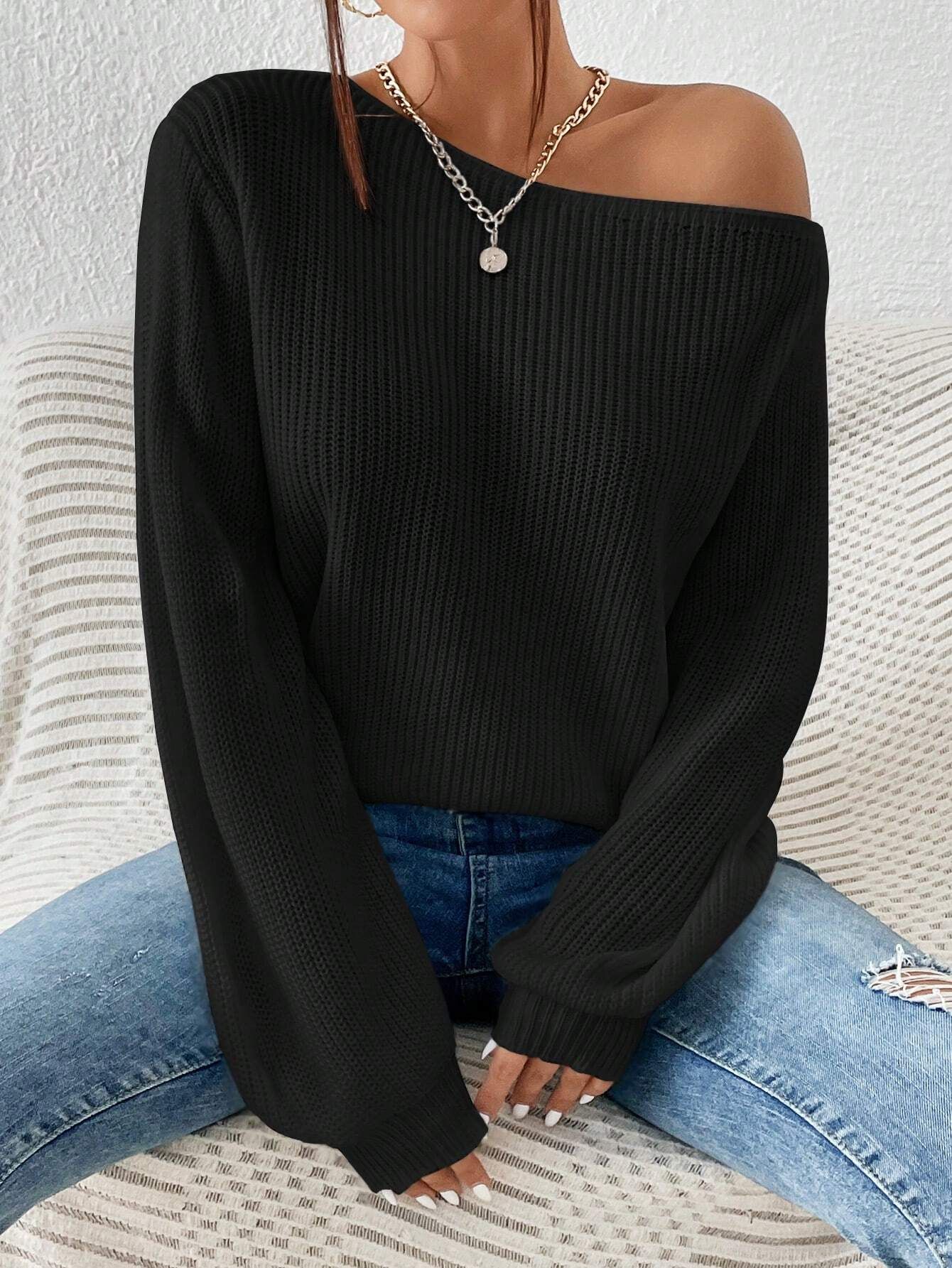 SHEIN Essnce Solid Ribbed Knit Asymmetrical Shoulder Sweater | SHEIN