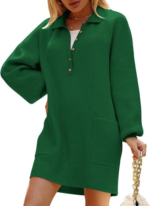 DEEP SELF Women Long Sleeve V Neck Button Mini Sweater Dress Oversized Collered Pullover Sweater ... | Amazon (US)