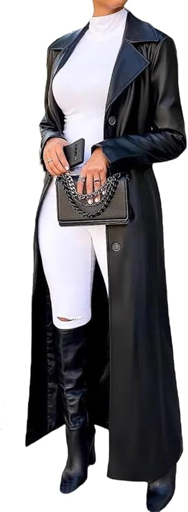 Tcremisa Womens Long Leather Jacket Long Sleeve Single Breasted Faux Leather Trench Coat Mid Leng... | Amazon (US)