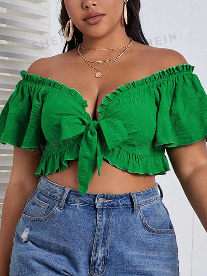 SHEIN VCAY Plus Off Shoulder Knot Front Ruffle Trim Crop Blouse | SHEIN