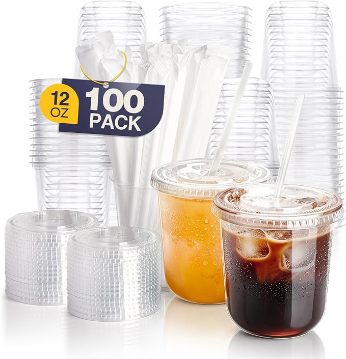 Fit Meal Prep 100 Pack 12 oz Round Bottom Clear Plastic Cups with Lids and Straws, Disposable Ice... | Amazon (US)