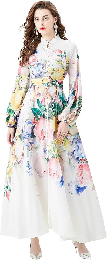LAI MENG FIVE CATS Women's Floral Print Puff Sleeve Button Up Split Party Flowy Maxi Dress | Amazon (US)