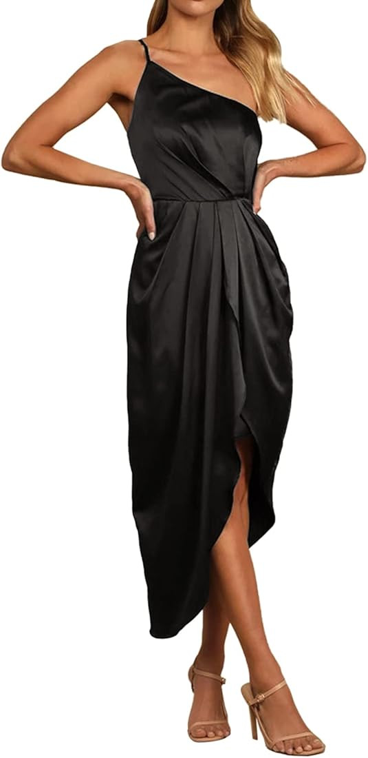 Vrtige Women's Satin One Shoulder Ruched Wrap Split Hem Sleeveless Cocktail Midi Dress | Amazon (US)