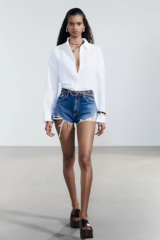 CURVED HIGH-WAISTED DENIM SHORTSNavy blue+4 | Zara US