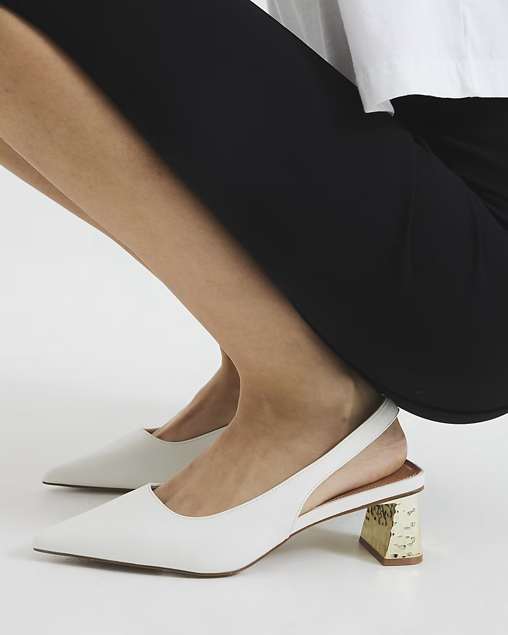 Cream Sling Back Court Metal Heeled Shoes | River Island UK & IE