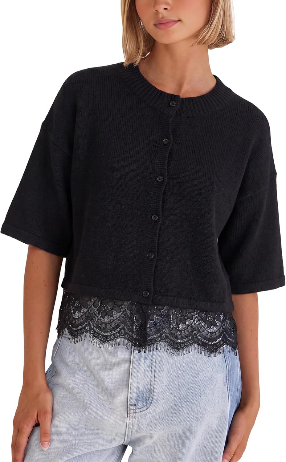 Yidarer Women Short Sleeve Cropped Cardigan Lace Hem Knit Sweater | Amazon (US)