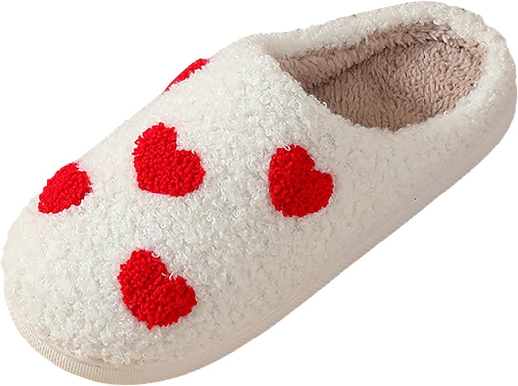 Women's Furry Fluffy Slippers Cozy Slip On Cute Plush Scuff Comfortable Warm Kawaii Heart Print S... | Amazon (CA)
