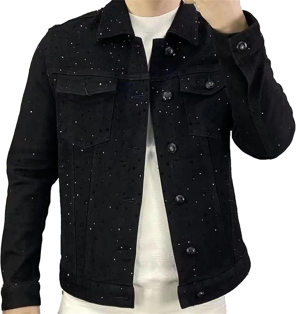 Men's Embellished Rhinestone Jeans Jacket Slim Fit Streetwear Denim Jacket For Men Fashion Outwea... | Amazon (US)