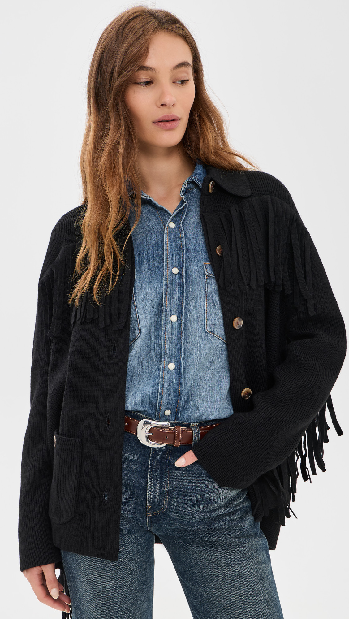 THE GREAT. The Western Fringe Sweater Jacket Black 1 | Shopbop