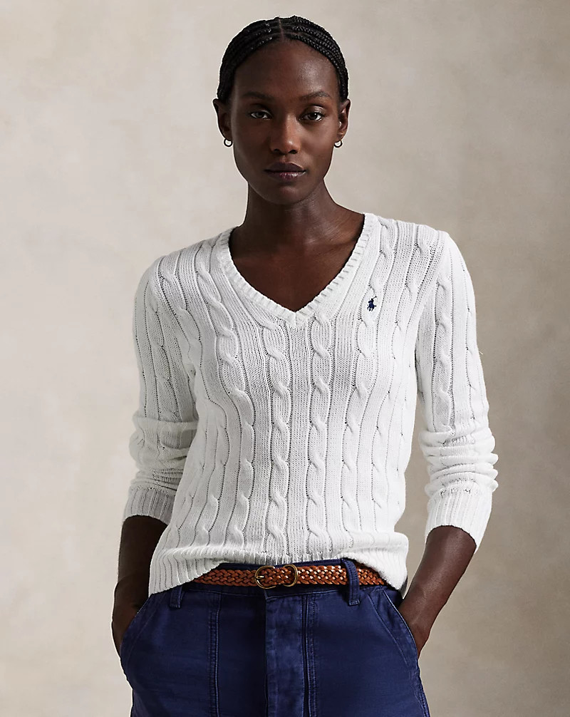 Cable-Knit Cotton V-Neck Jumper for Women | Ralph Lauren® UK | Ralph Lauren (UK)