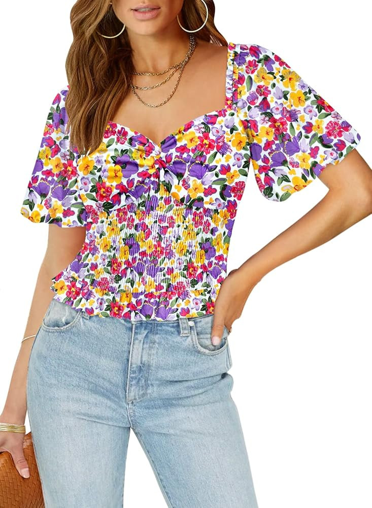 DOROSE Women's Puff Sleeve Floral Tops Sweetheart Neckline Twist Front Smocked Crop Top Blouse | Amazon (US)