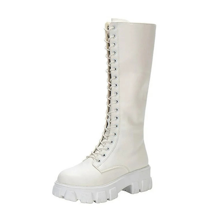 Women's Combat Riding Platform Knee High Boots, Lace Up Fall Lug Sole Gothic Motorcycle Boots Rou... | Walmart (US)