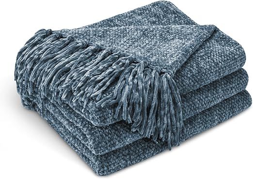 CozeCube Chenille Throw Blanket for Couch, Cozy Soft Throw Blanket with Fringe Tassel, Dusty Blue... | Amazon (US)
