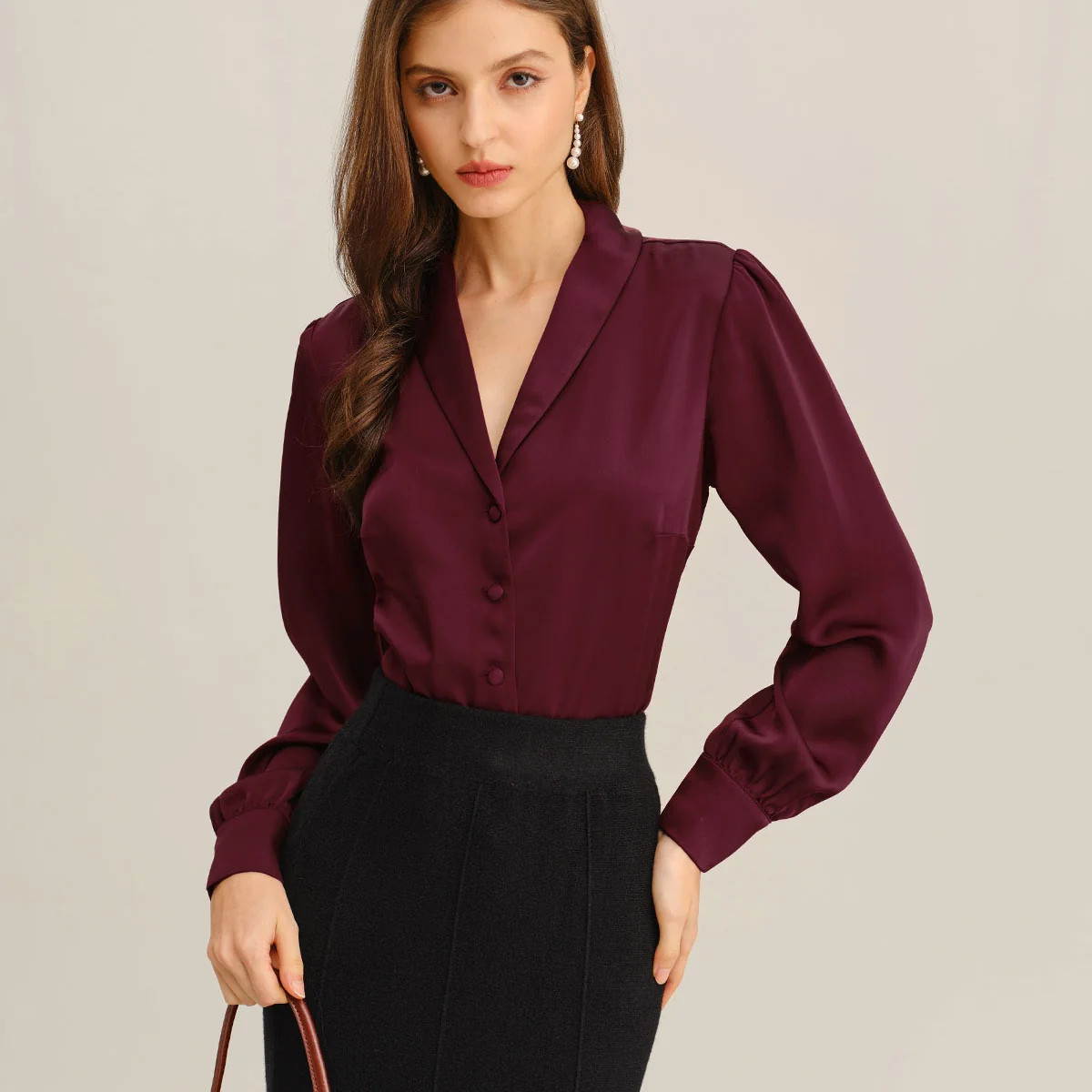 Wine Red Satin Button Shirt & Reviews - Wine Red - Tops | RIHOAS | rihoas.com