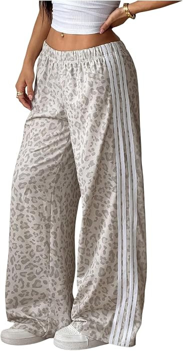 Floerns Women's Leopard Wide Straight Leg Pants Elastic Waist Side Striped Baggy Trousers Y2k Str... | Amazon (US)