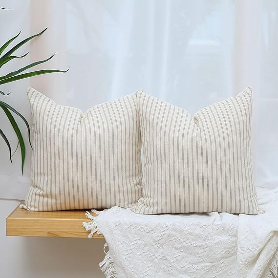 Hckot Khaki and Beige Striped Farmhouse Throw Pillow Covers 18 x 18 Inch, Set of 2 Rustic Linen D... | Amazon (US)