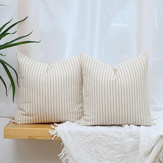 Amazon.com: Hckot Khaki and Beige Striped Farmhouse Throw Pillow Covers 18 x 18 Inch, Set of 2 Ru... | Amazon (US)