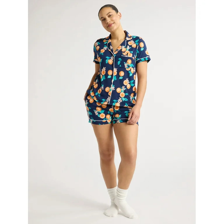 Joyspun Women’s and Women’s Plus Knit Notch Collar Top and Shorts Pajama Set, 2-Piece, Sizes ... | Walmart (US)