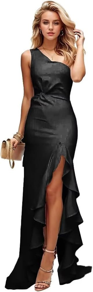 One Shoulder Bridesmaid Dresses for Wedding Mermaid Long Satin Ruffles Pleated Split Bodycon Form... | Amazon (US)