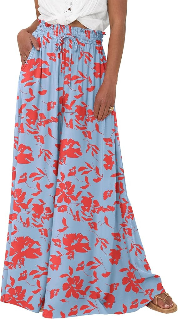BTFBM Wide Leg Flowy Palazzo Pants for Women | Elastic Waist Trousers With Pockets, Floral Resort... | Amazon (US)