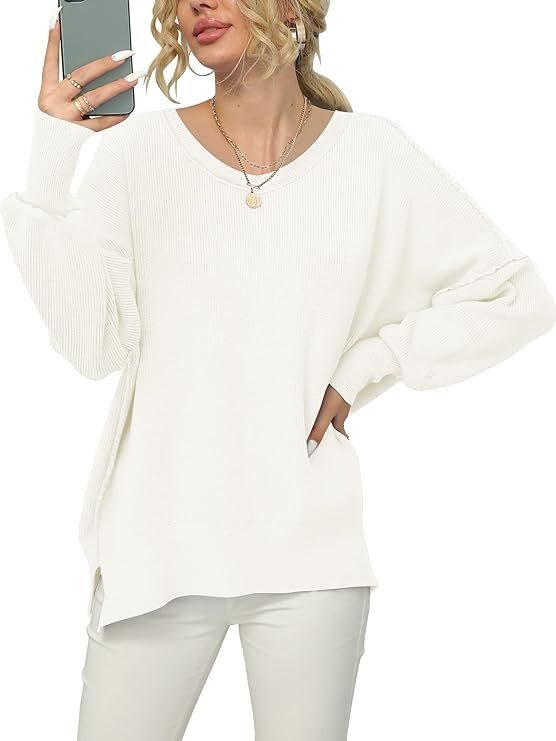 ANRABESS Women's V Neck Long Sleeve Oversized Side Slit Ribbed Knit Pullover Sweater Top | Amazon (US)