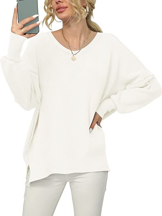 ANRABESS Women's V Neck Long Sleeve Oversized Side Slit Ribbed Knit Pullover Sweater Top | Amazon (US)