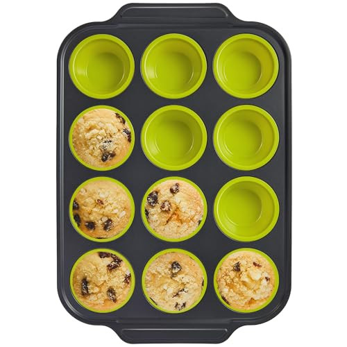 BRONYPRO Silicone Muffin Pans for Baking with Metal Frame, Egg Bite Maker Silicone Molds, Cupcake Pans 12 Regular Size, Muffin Tins Easy to Pop Nonstick Non Toxic Bakeware for Oven, Lime Green | Amazon (US)