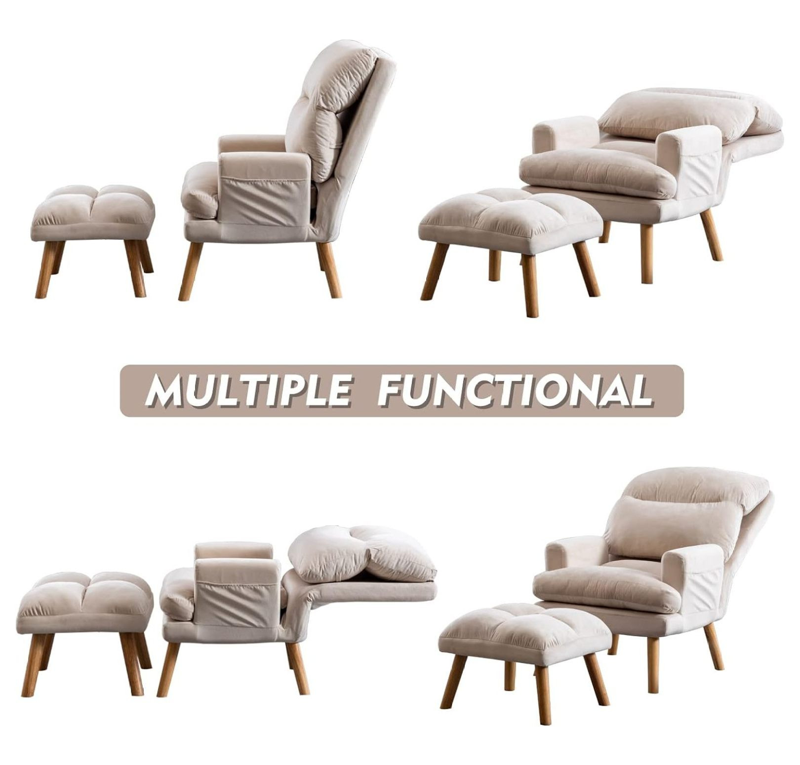 JuRlvC Modern Accent Chair with Ottoman, Soft Fabric Armchair with Adjustable Backrest and Side P... | Walmart (US)