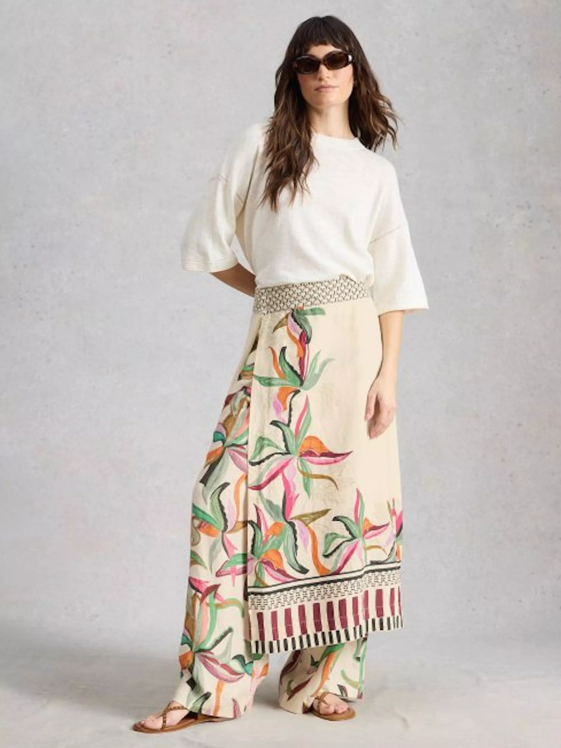 Alba Tie Side Linen Rich Wrap Skirt containing LENZING\u2122 ECOVERO\u2122 Viscose, Natural/Multi | John Lewis (UK)