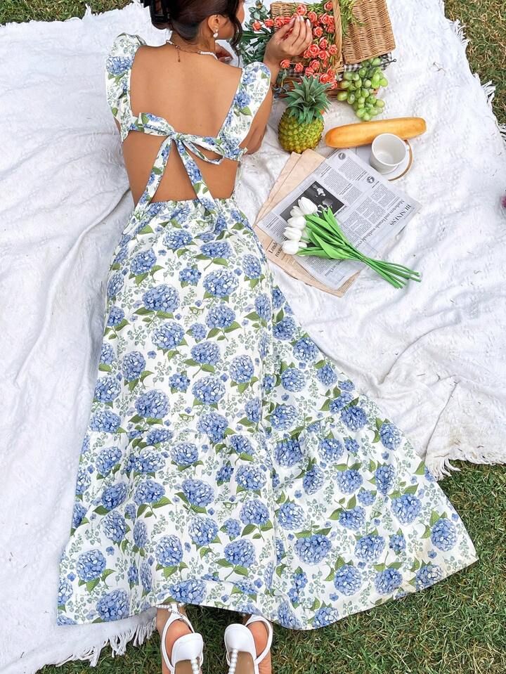 SHEIN Privé Floral Print Ruffle Cami Maxi Dress With Backless Design And Asymmetric Hem | SHEIN