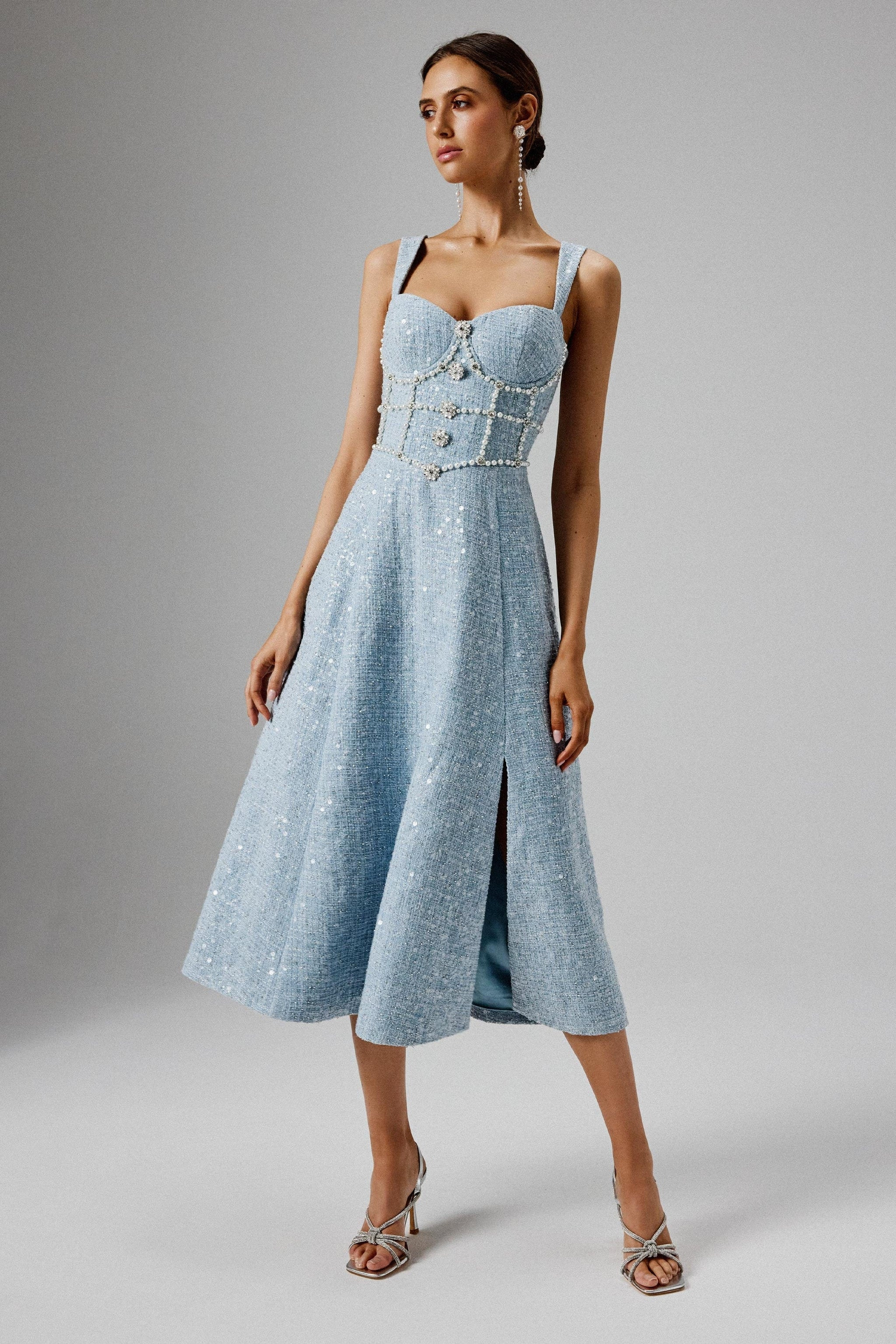 KIRA Pearl Embellished Boucle A Line Dress in Blue | Lavish Alice Retail Ltd
