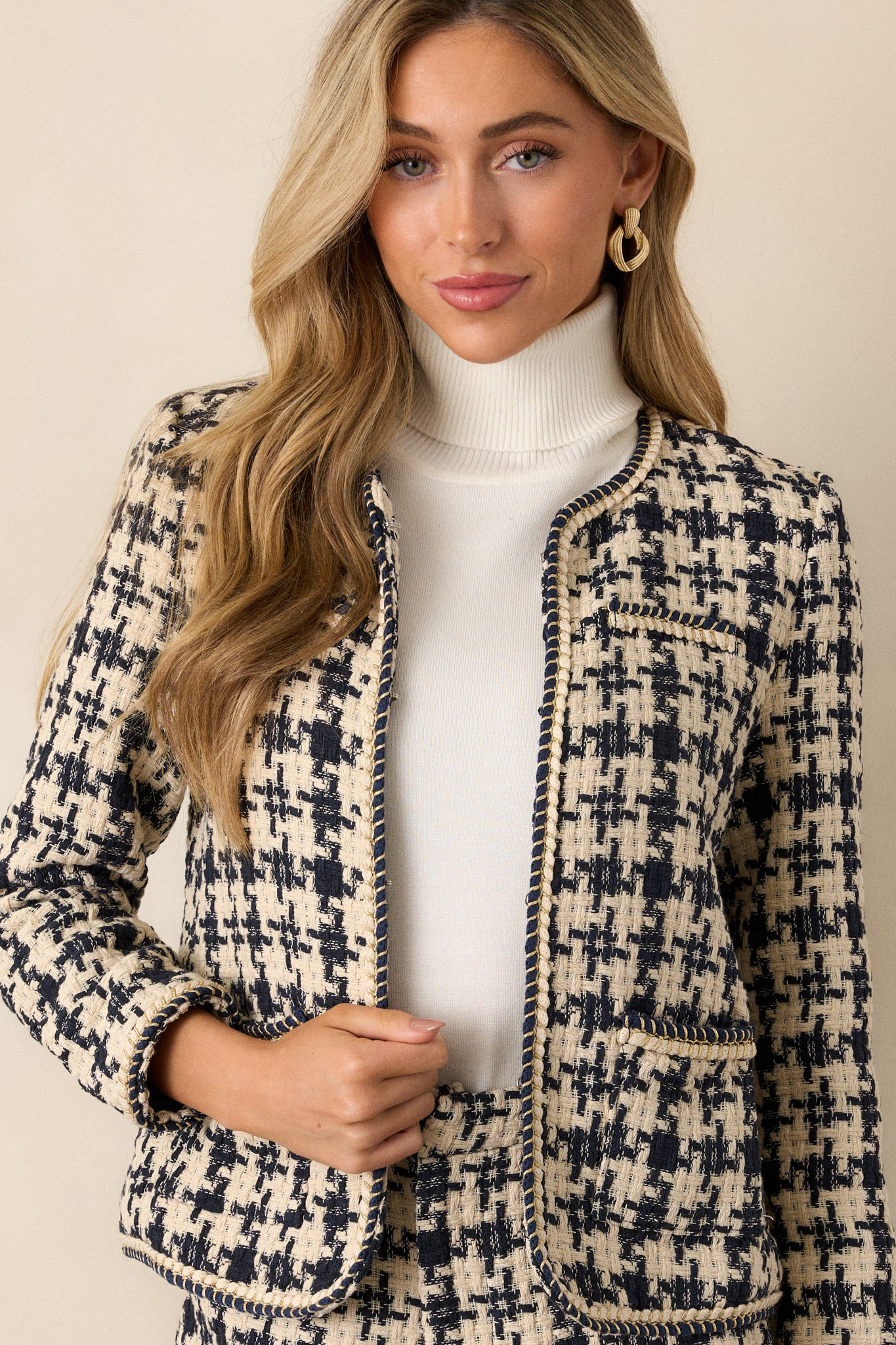 Starlit Pathways Navy Houndstooth Tweed Jacket | Red Dress