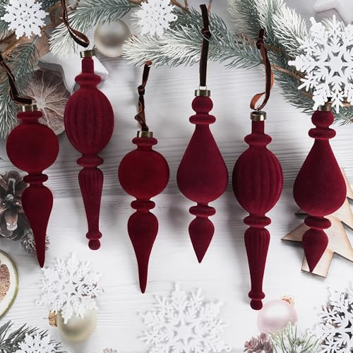 6 Pcs Wine Red Velvet Finial Christmas Tree Ornaments - Christmas Burgundy Velvet Pendants Shatterproof Flocked Hanging Ornaments Decorations for Xmas Tree Winter Holiday Wedding Party Decor | Amazon (US)