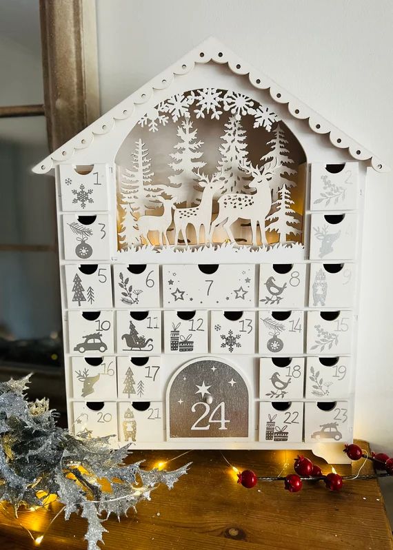 LED Christmas Wooden Advent Calendar House White Woodland - Etsy | Etsy (US)