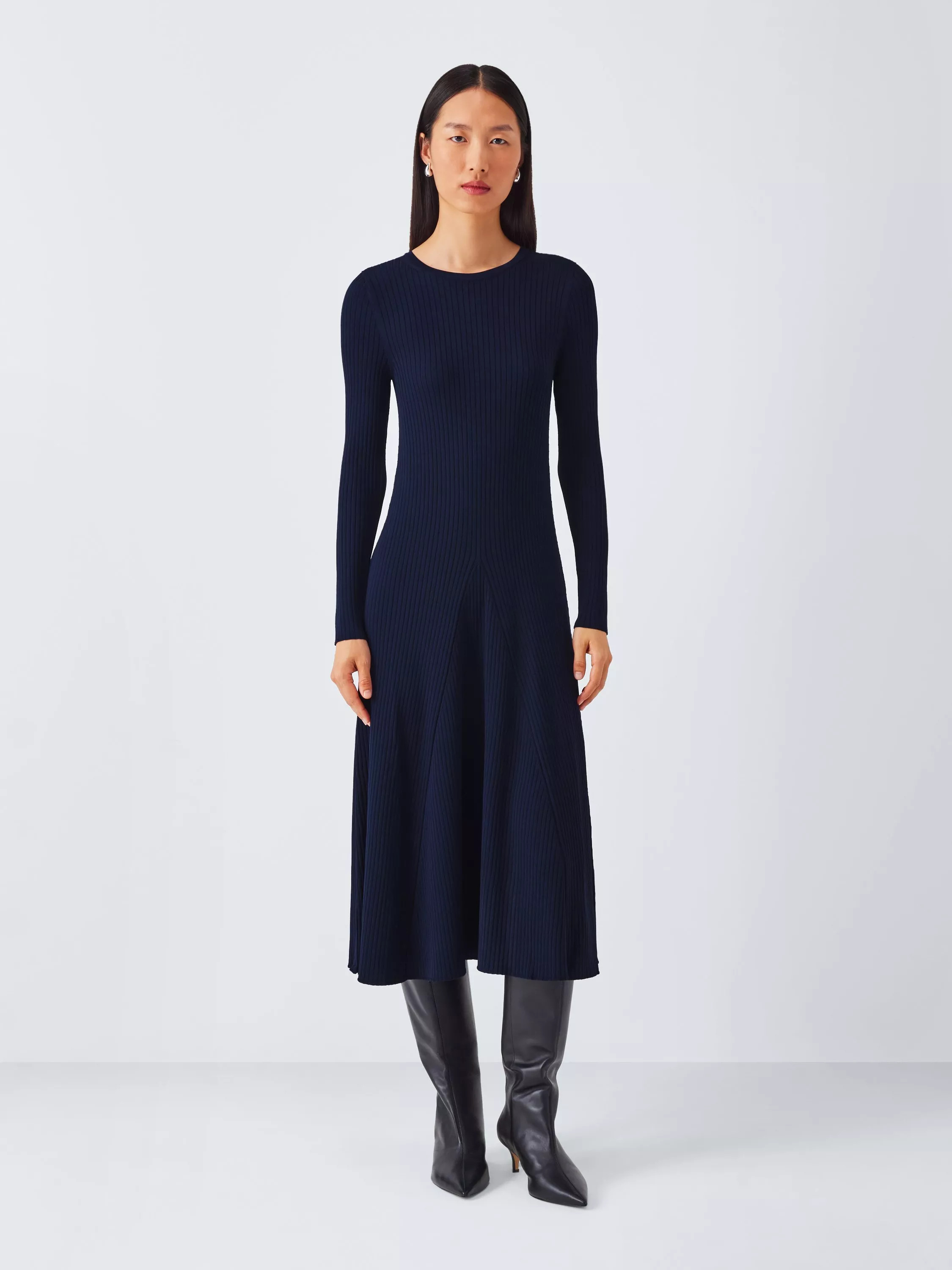John Lewis Rib Knit Flared Jumper Dress, Navy | John Lewis (UK)
