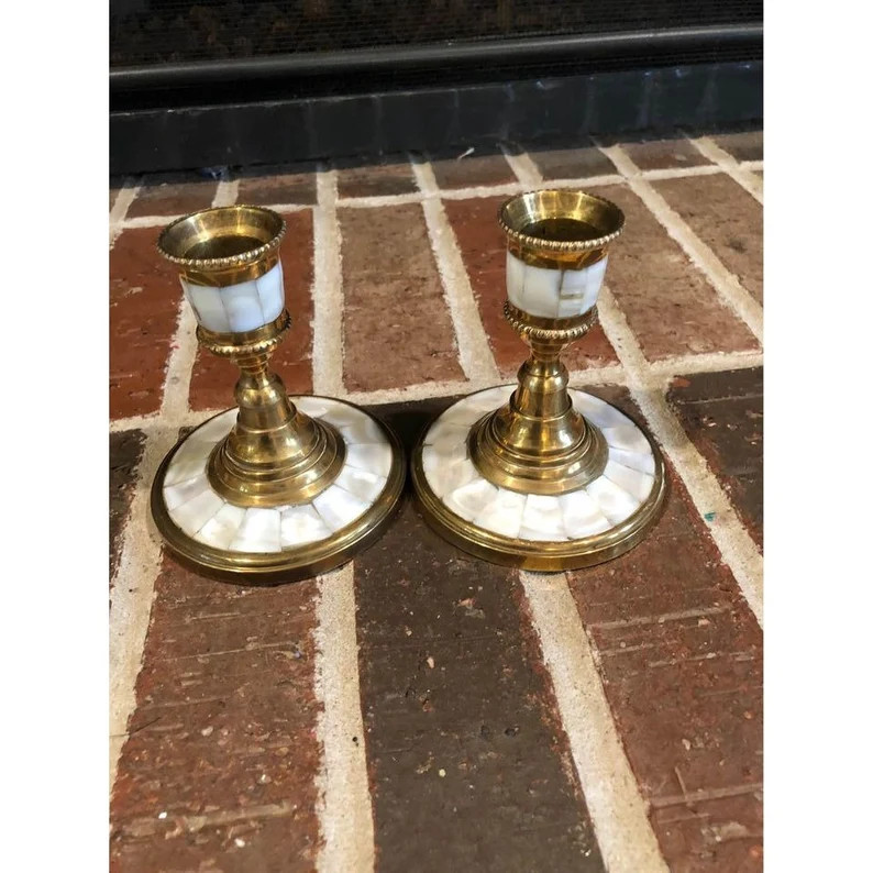 pair of vintage gold brass  and mother of pearl candlestick holders 4 inches tall each | Etsy (US)