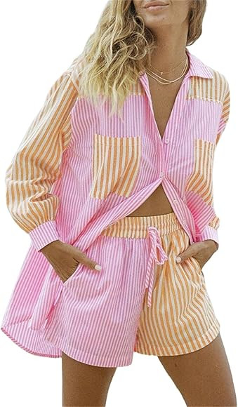 KYLASIEN Women Casual 2 Piece Tracksuit Sets Oversized Long Sleeve Stripe Patching Shirts Loose M... | Amazon (CA)