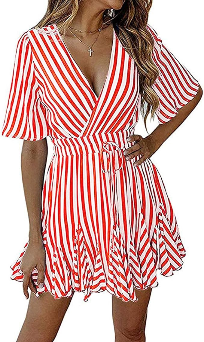 PRETTYGARDEN Women's Summer Deep V Neck Short Sleeve Striped Wrap Ruffle Hem Pleated Mini Dress | Amazon (US)