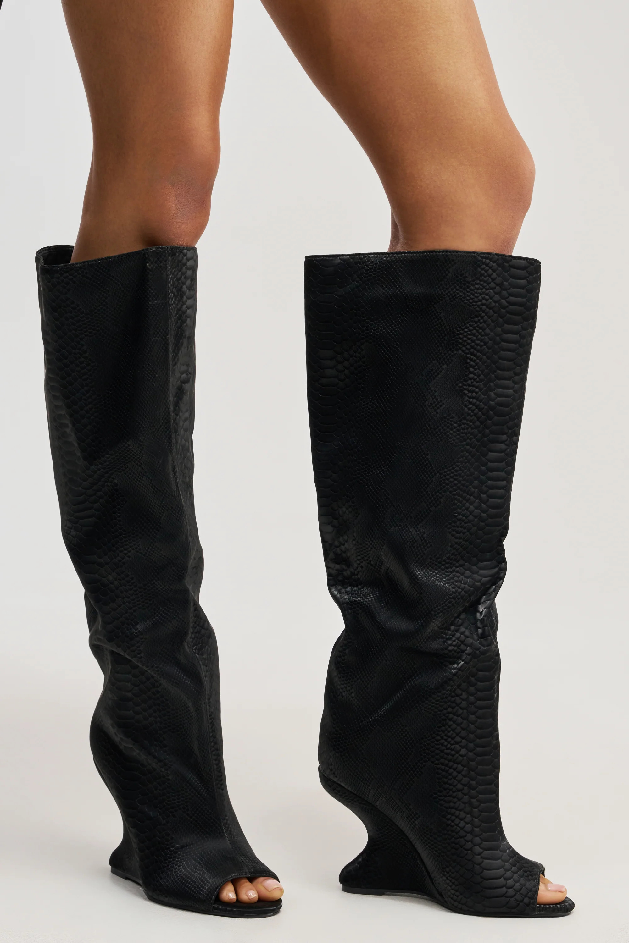 AZALEA WANG VINCENT BLACK SNAKE OPEN TOE WEDGE BOOT | AKIRA