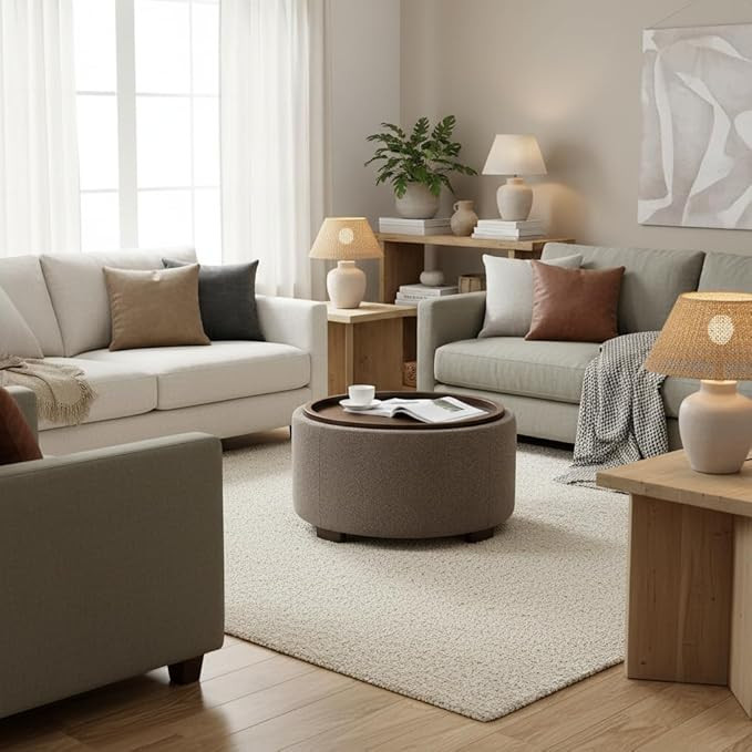 30 Inch Round Storage Ottoman Coffee Table, Modern Boucle Ottoman with Lift-Off Lid and Solid Woo... | Amazon (US)