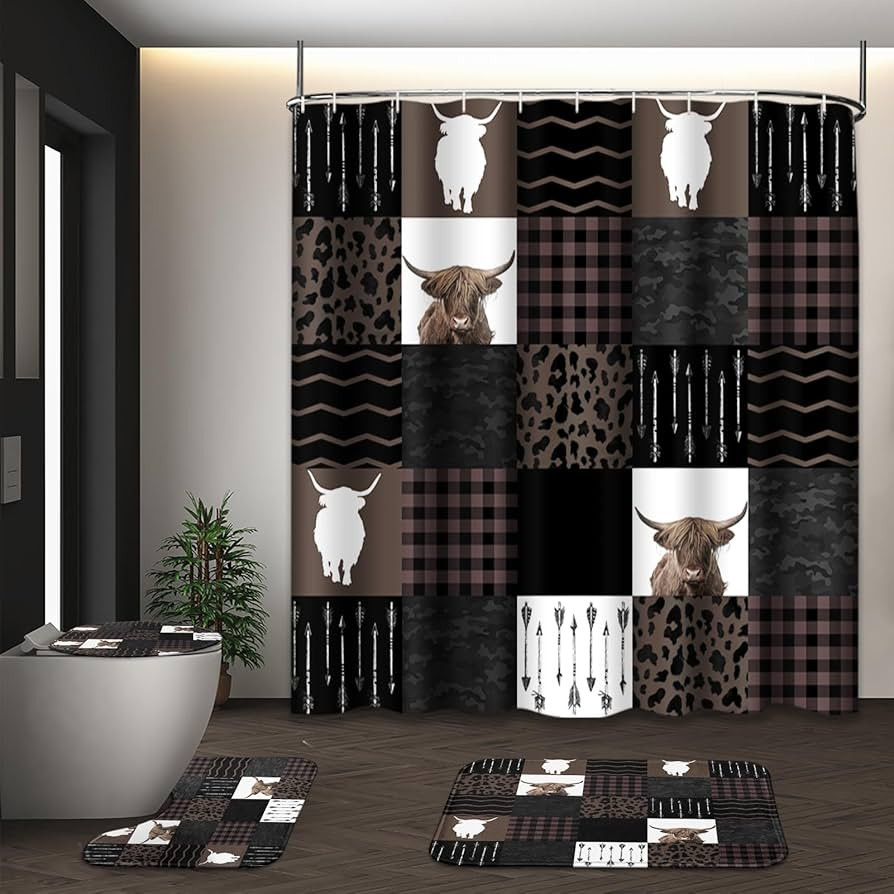 Tayney Highland Cow Farm Brown Black Checked Shower Curtain Set with Toilet Lid Cover and Non-Sli... | Amazon (US)