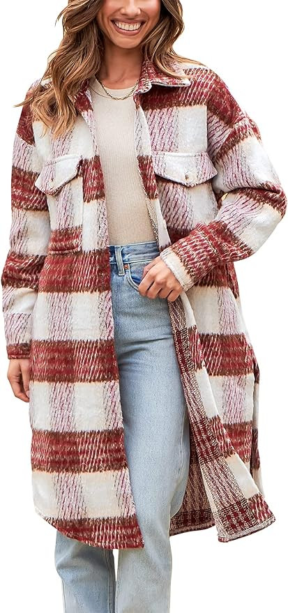 ANRABESS Women's Plaid Button Down Shackets Fannel Long Sleeve Lapel Collar Oversized Slit Long J... | Amazon (US)