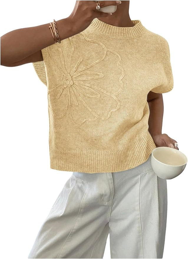 QJQ Women's Short Sleeve Sweater Vest 3D Flower Floral Decor Knit Crewnek Anthropologie Clothes T... | Amazon (US)