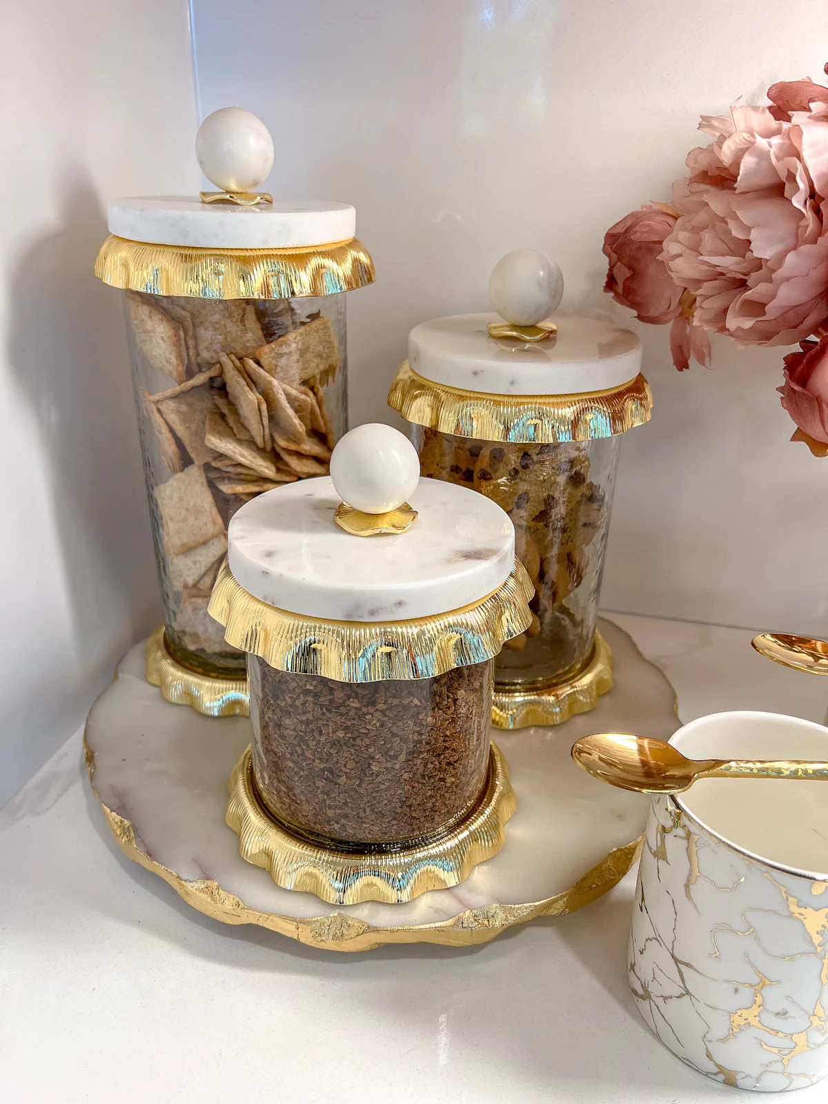 Marble & Gold Hammered Canister with Textured Ruffle Design (3 Sizes) | Inspire Me! Home Decor