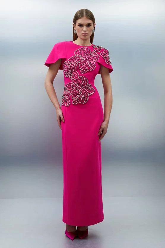 Petite Placed Floral Crystal Embellished Tailored Cape Maxi Dress | Karen Millen | Karen Millen UK + IE + DE + NL
